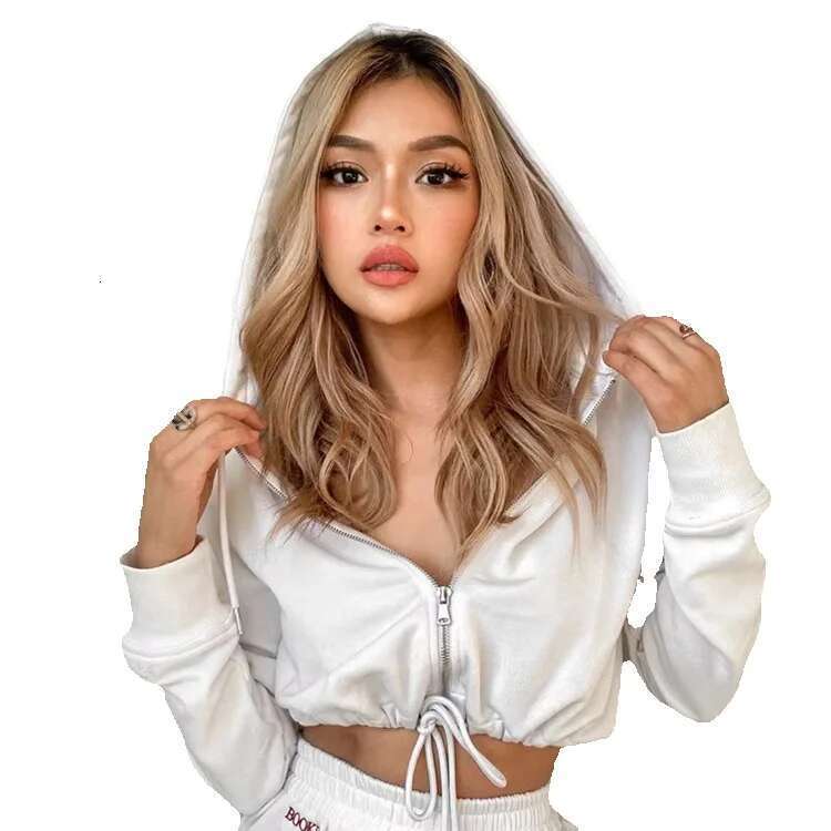 Foreign Trade Solid Color Zipper Trendy Crop Top, Women's Tracksuit Hoodie With Custom