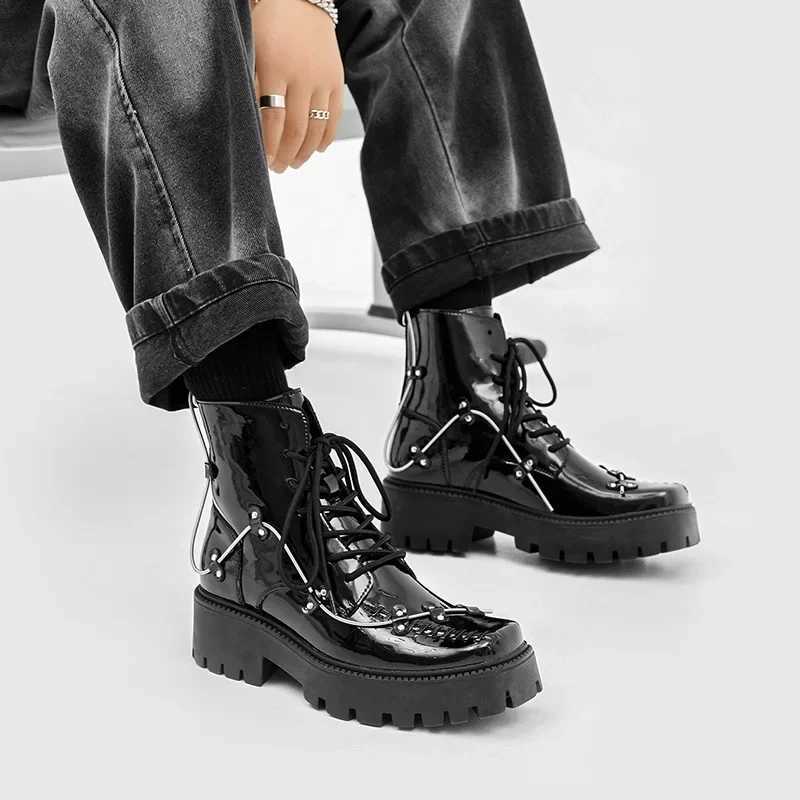 CLAIAMI Luxury Design Ankle Boots for Men Street Style British Handsome Square Head Men Boots Patent Leather Men Shoes Z250303