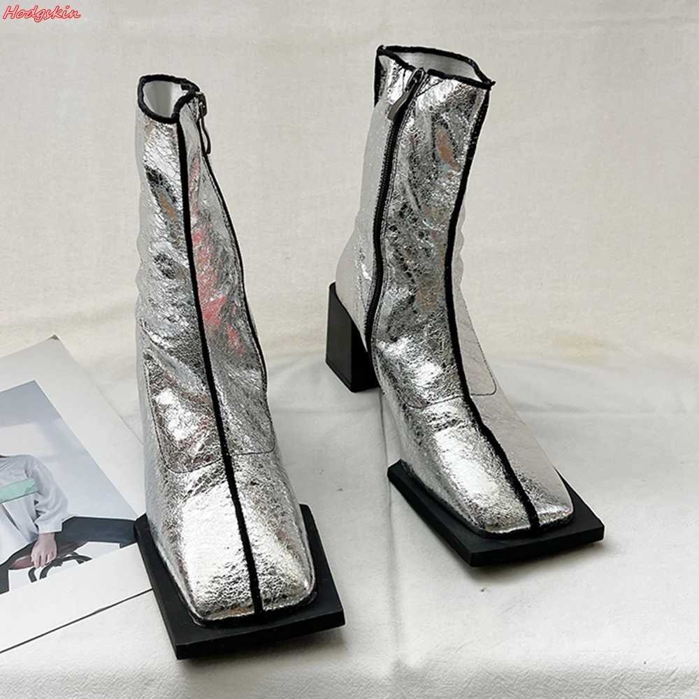 Design square heel sewn short boots autumn and winter side zipper ankle boots novel thick boots increased height short boots Z250303