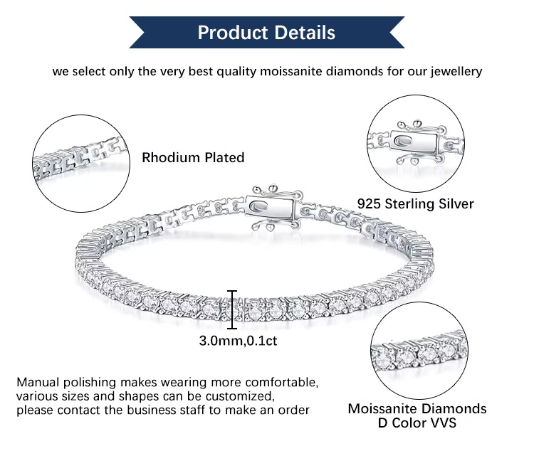 Goldleaf custom 3mm 4mm 5mm GRA Certificate D color VVS mossanite tennis necklace bracelet sterg sier moissanite chain