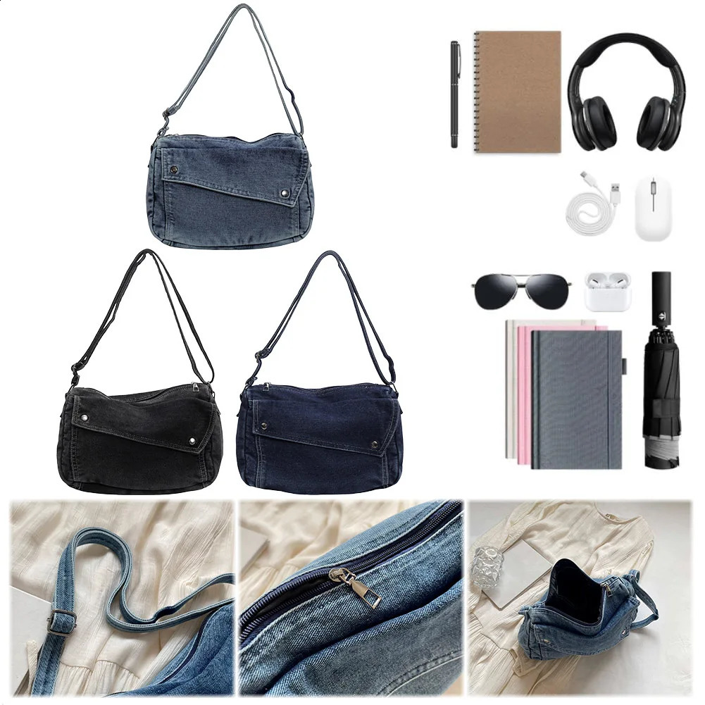 Ship from US Denim Messenger Bag Casual Retro Women Tote Lightweight Aesthetic Crossbody Handbag with Adjustable Strap Jean Purses 250303FBB