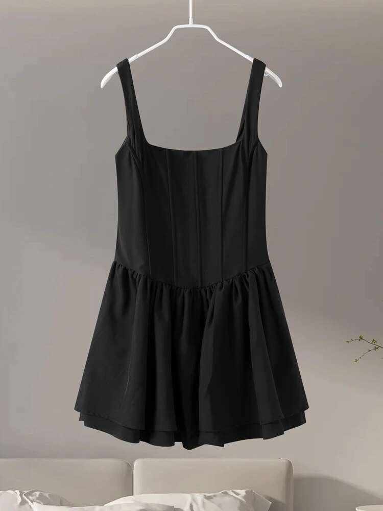 Elgant Sg Mini Dress Women Sexy Slim Square Neck Puffy Robe Female 2024 Fashion Solid Sleeveless A E Party Dresses Lady