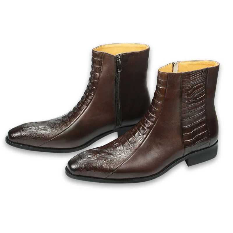 Elegant mens dress Boots Handmade Genuine cow leather crocodile skin printing Zipper Luxury design Autumn casual shoes for men Z250303