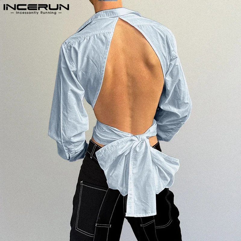 INCERUN Mens Fashionable Shirts Turn Down Collar Long Sleeve Button Down Backless Tops Back Hollow Out Lace Up Bow Knot Blouse 250224