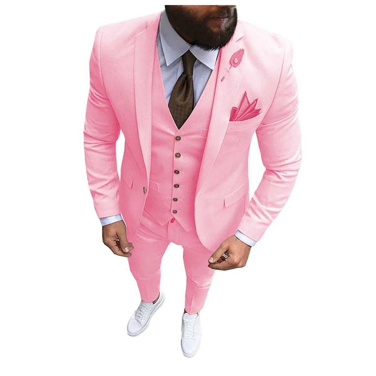 New Pink Mens 3 Pieces Suit Formal Business Notch Lapel Slim Fit Tuxedo Best Man Blazer For Wedding(Blazer+Vest+Pants) M250303