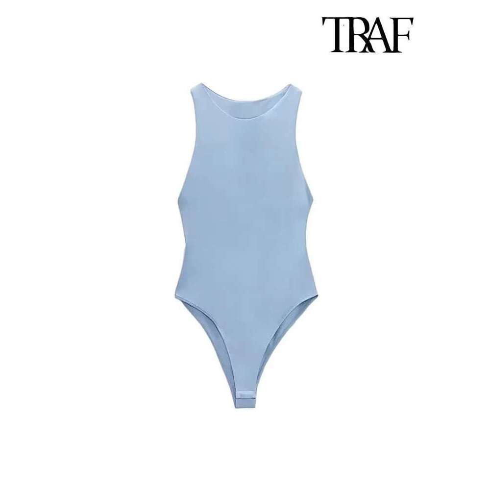 Women's Wear TRAF Women Fashion With Halter Neck Skinny Bodysuit Sexy Sleeveless Snap-Button Female Playsuits Mujer