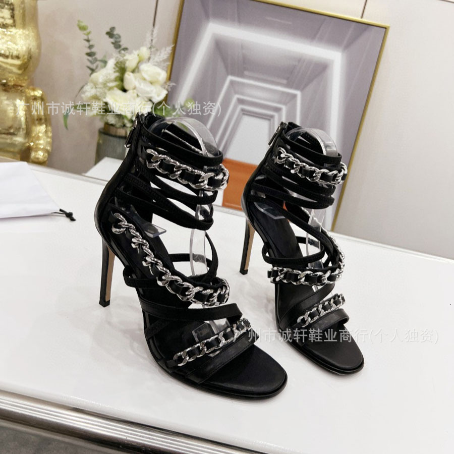 2024 summer new rhinestone chain open toed with cross straps, slim heels, fashionable and high-heeled sandals
