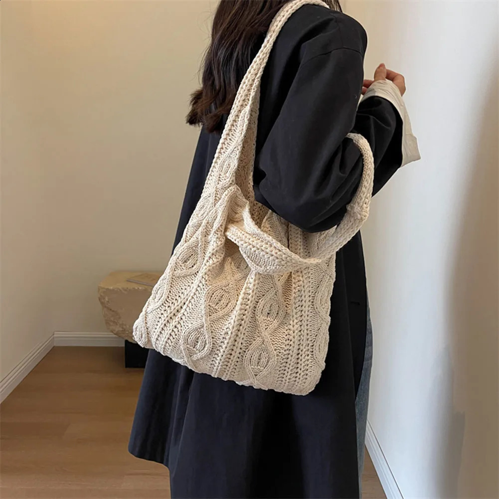 Ship from US Wool Knitted Shoulder Bag Womens Retro Cotton Handbag Shopping 250303FBB