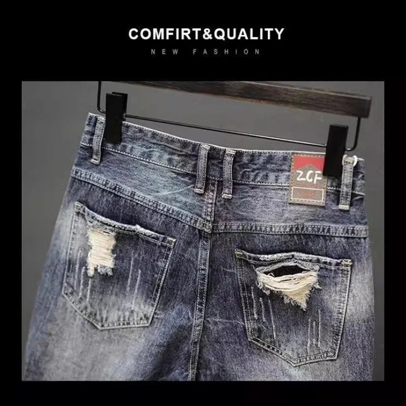 Vintage Japanese Style Mens Denim Shorts Casual Trendy Straight Leg Mid Waist Summer ed Five Piece w250228