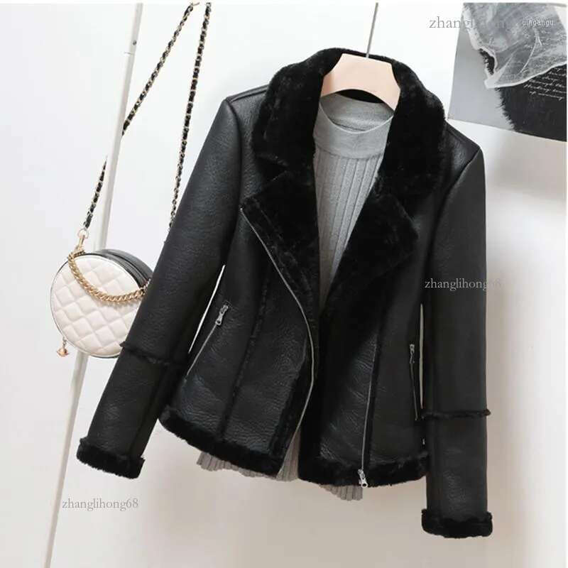Women's Women's Leather & Faux Shearling Sheepskin Coats Women 2022 Winter Thick Warm Pu Lamb Jacket Black Motorcycle Female Over