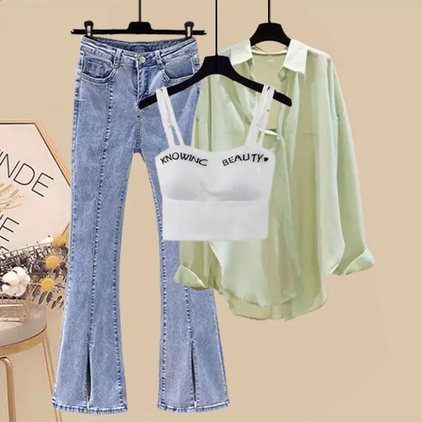 Womens Set SpringSummer 2023 Korean Fashion Slim Tank Top Casual Shirt Micro Flare Pants Three Piece 250225