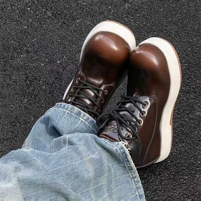 2025 Ugly and Cute Big Head Womens Boots Genuine Leather Paint Friction Lace Platform Luxury Shoes Couple Large Size Ankle Boots Z250303