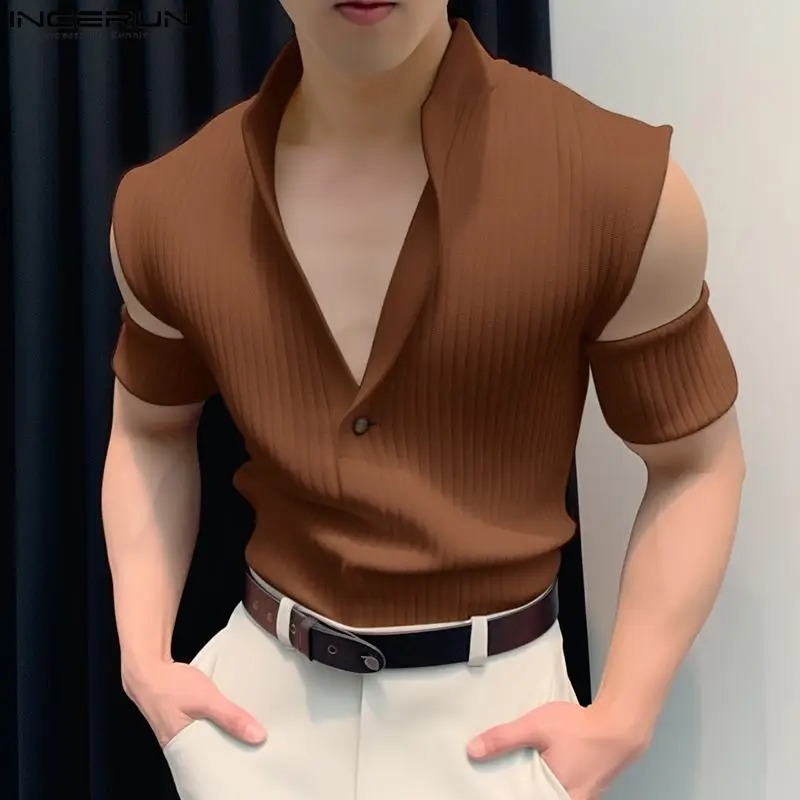 Mens T Shirt Solid Hollow Out V Neck Short Sleeve Summer Casual Mens Clothing Knitted Streetwear Fashion Tee Tops INCERUN 250226