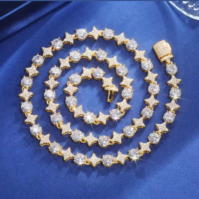 Fully Iced Out Star Round Shaped Moissanite Dia Tennis Chain Hip Hop Beautiful Jewelry Best Gift for Men & Women