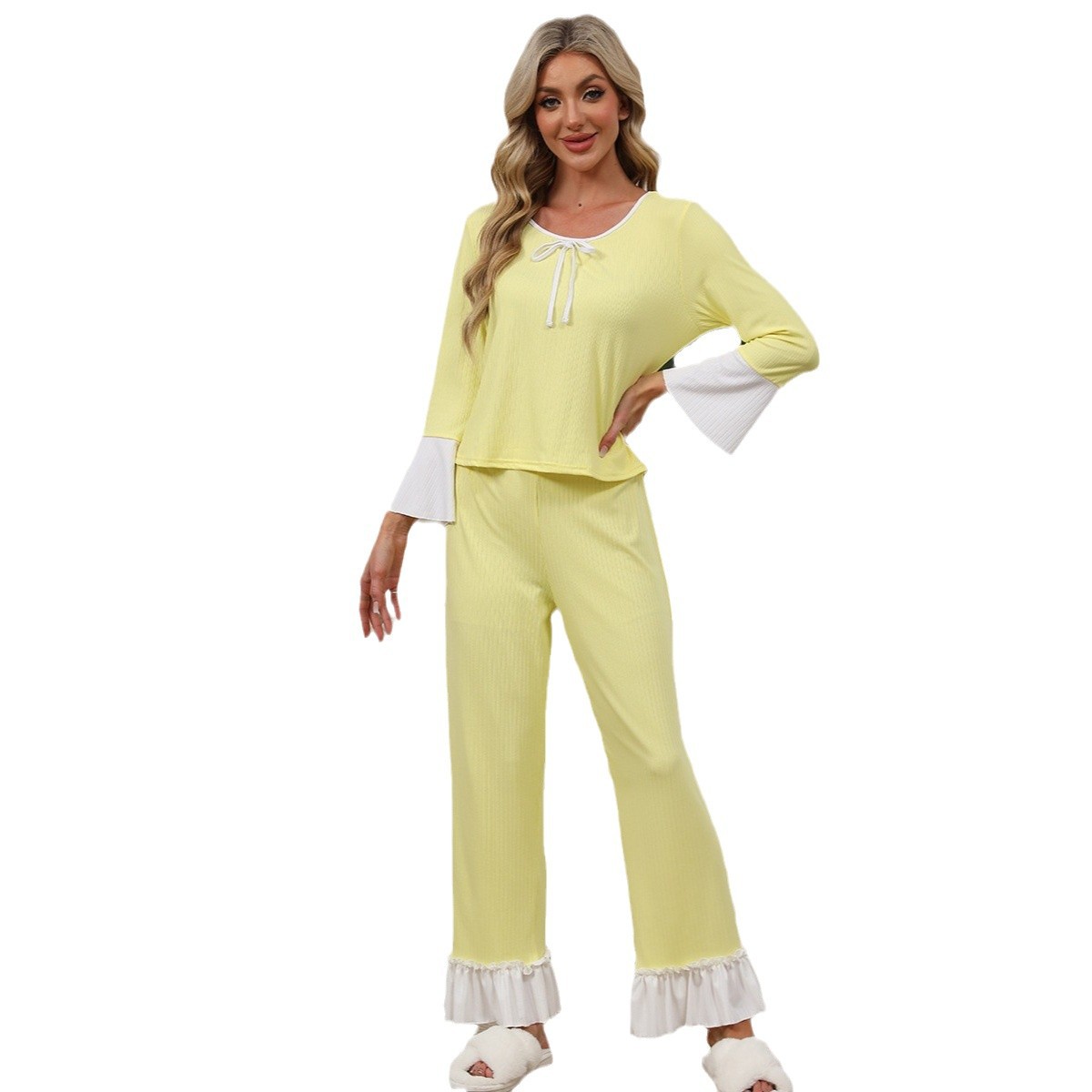 B744-New spring and summer simple casual comfortable solid color women's home pajamas set can be worn as home clothes