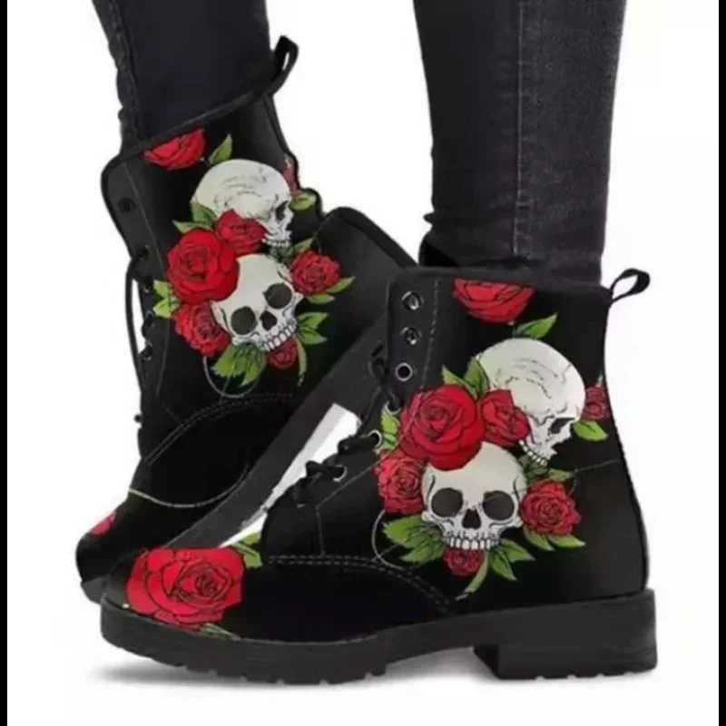 Gothic printed womens boots new autumn winter large-sized leather boots womens shoes fashionable lace sole platform boots Halloween shoes Z250303