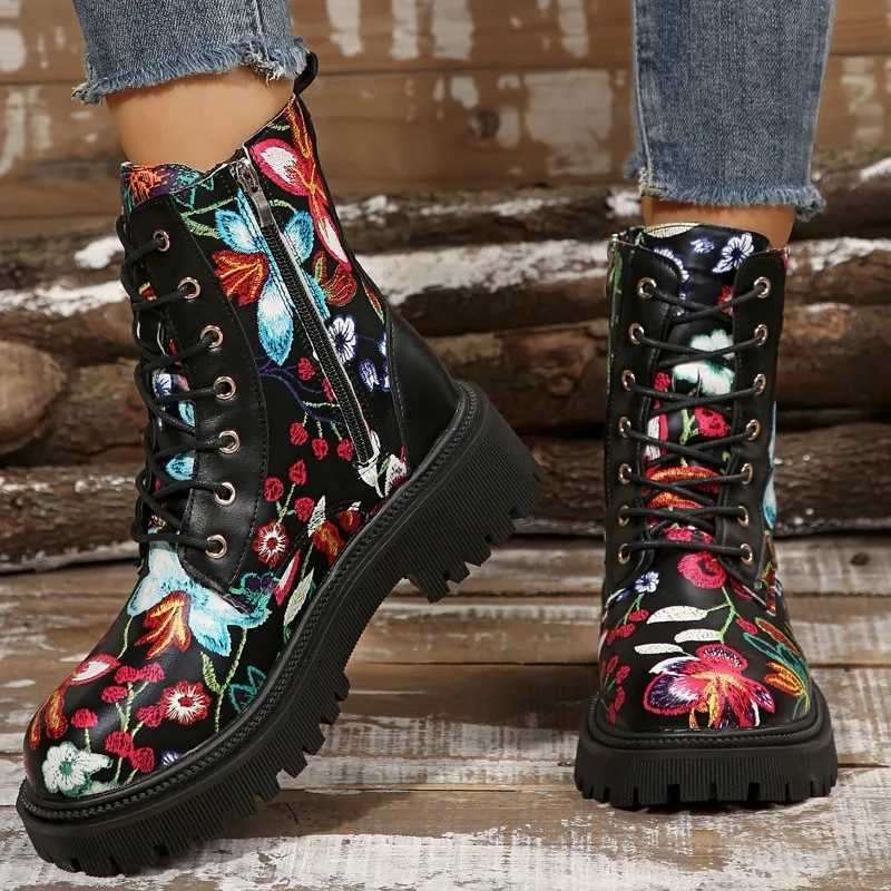2024 Plus Size Shoes Female Mid-Calf Womens Boots New Modern Boots Women Print Lace Up Round Toe Side Zip Med Heel Shoes Women Z250303