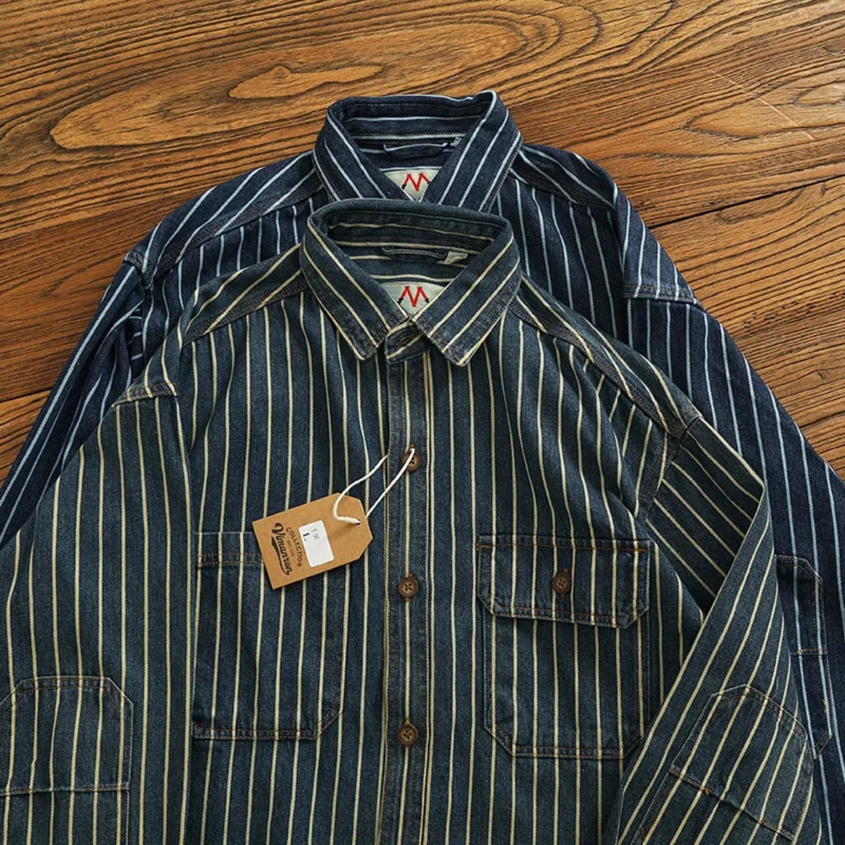Heavy duty vertical striped cargo denim shirt mens old washed cotton elbow sticker fabric lapel long sleeved jacket 250226