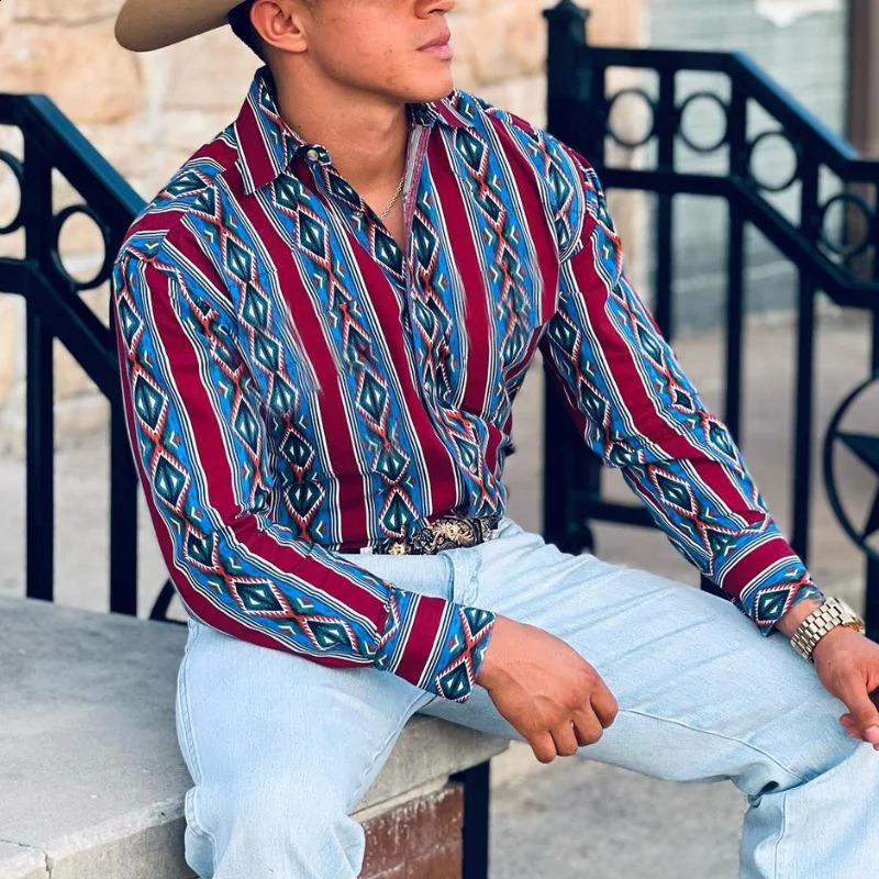 Western Denim Long Sleeve Shirt Ethnic Tribal Style Party Outdoor Casual Mens n Soft and Comfortable 2023 250226