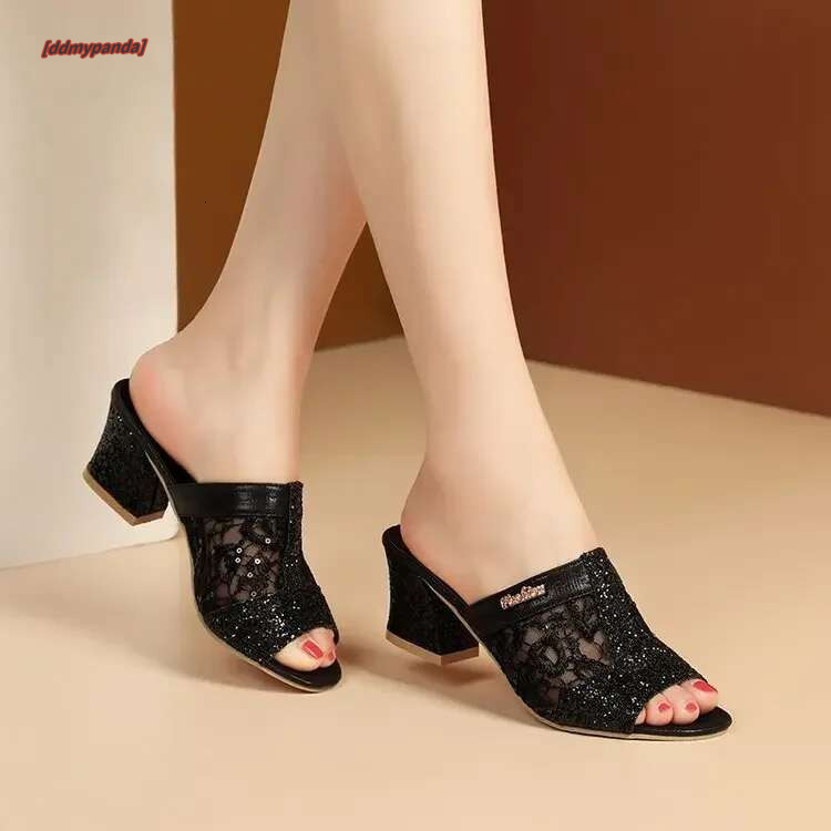 Plus Size 43 2025 New Summer Fashion Sequin Cool Outer Wear Women's Thick Heel Slippers Ladies Sandals #ddmypanda