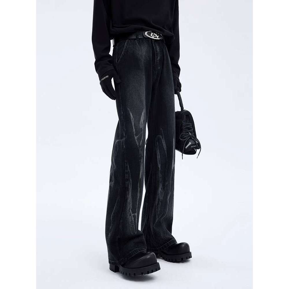 Leather Pants American Style Vibe Micro Pull Up Pants For Men In Autumn, High Street, Red And Handsome Jeans, Men's Gradient Color Washed Pants, 