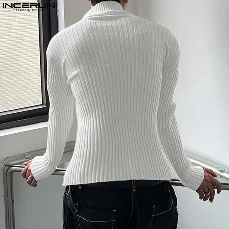 INCERUN Mens T-shirt Solid Knitted Zipper Turtle Collar Long Sleeve Casual Mens Street Clothing Autumn Fashion T-shirt Top 250226