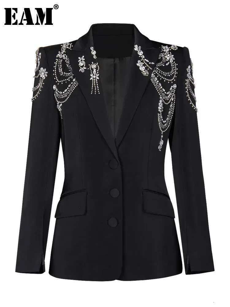 EAM Women Black Embroidered Flares Elegant Blazer New Lapel Long Sleeve Waist Jacket Fashion Tide Spring Autumn 2025 30A2819