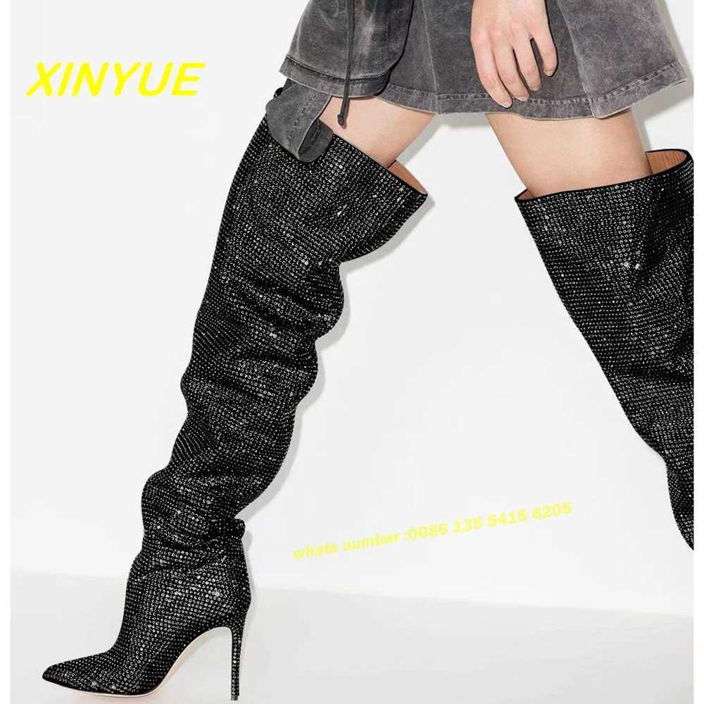 Rhinestone Silver Long Boots Luxury Pointed Toe Slip On Bling Slip On Newest Over The Knee Womens Boots Large Size 43 Solid Z250303