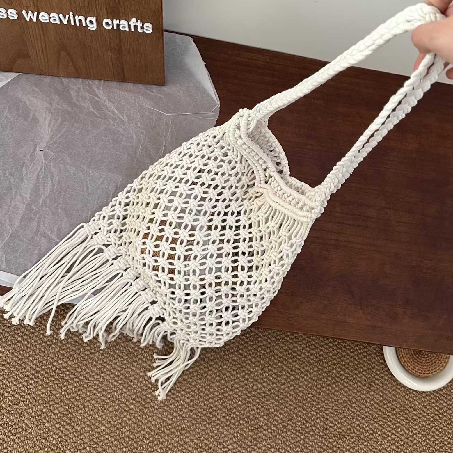 Trendy forest style hollowed out handmade woven bag, grid tassel cotton rope shoulder bag, beach tourism vacation beach bag