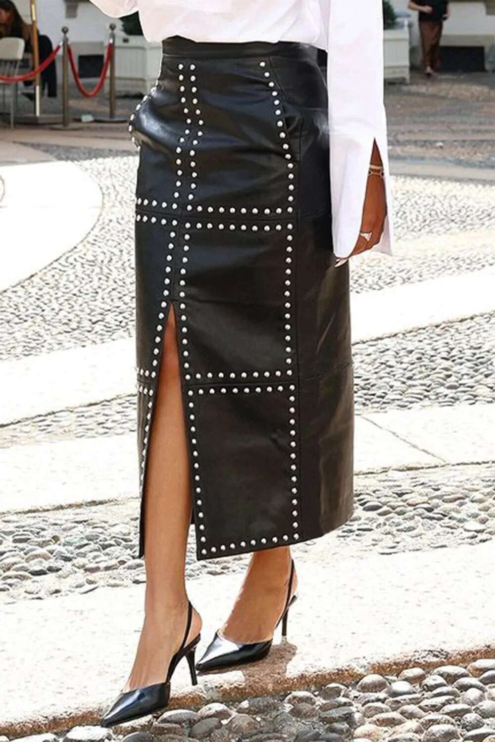 Plus Size Business Casual Black Studded Split PU Leather Skirts