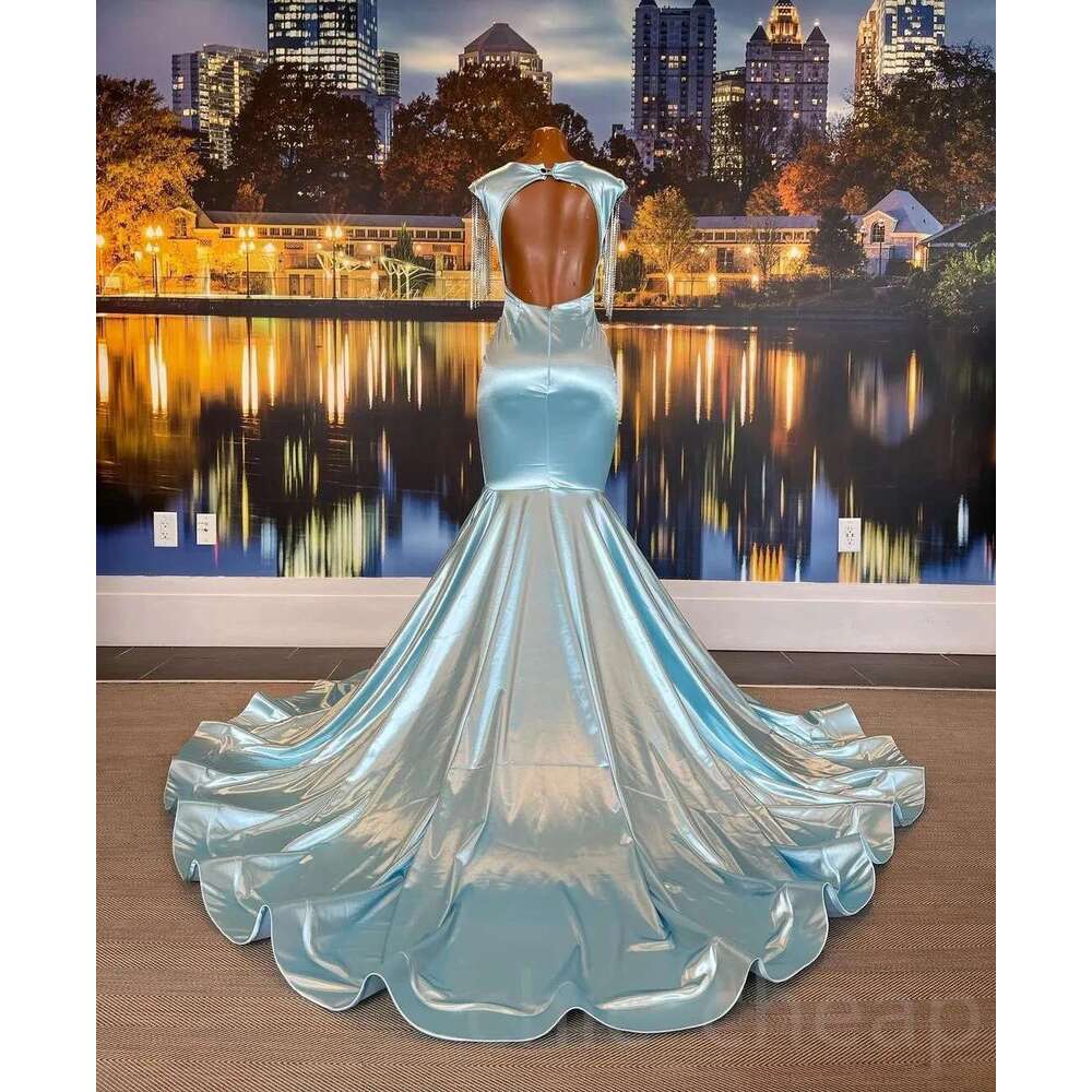 Turquoise African American Prom For Black Girls Mermaid Sheer Beaded Robe De Soiree Evening Dresses Gown Customized