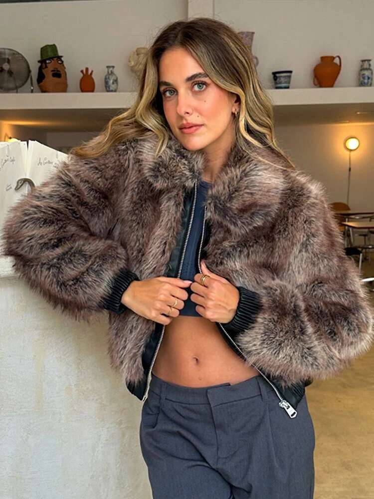 Retro Zipper Faux Fox Fur Short Coats Women Casual Loose Long Sleeved Jackets Female Autumn Winter Chic High Street Outwear Tops