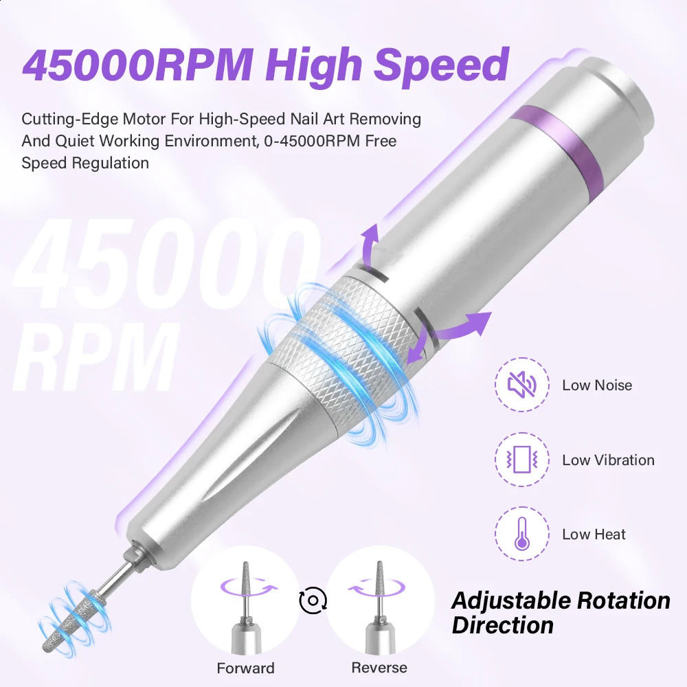45000RPM Professional Rechargeable Nail Drill Machine for Nails Electric File HD Display Metal Manicure Pen Nail Lathe Sander 250303