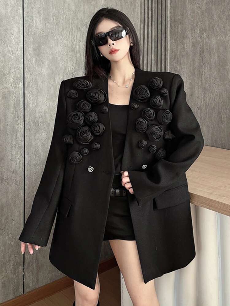 EAM Women Black Big Size 3D Roses Blazer New Lapel Long Sleeve Loose Fit Jacket Fashion Tide Spring Autumn 2025 30A3059