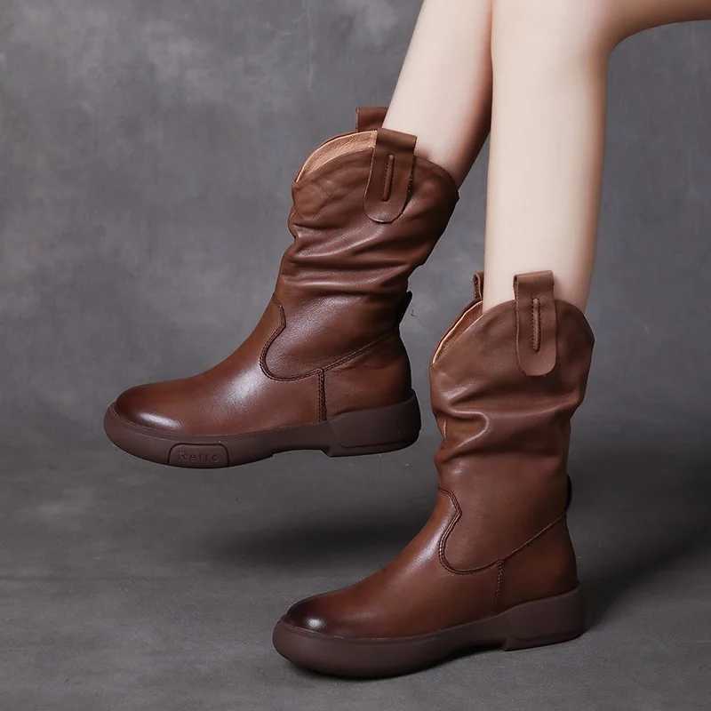 DRKANOL Luxury Genuine Leather Mid-Calf Boots Women Genuine Leather Waterproof Rubber Sole Non-Slip Street Style Slip-On boots Z250303