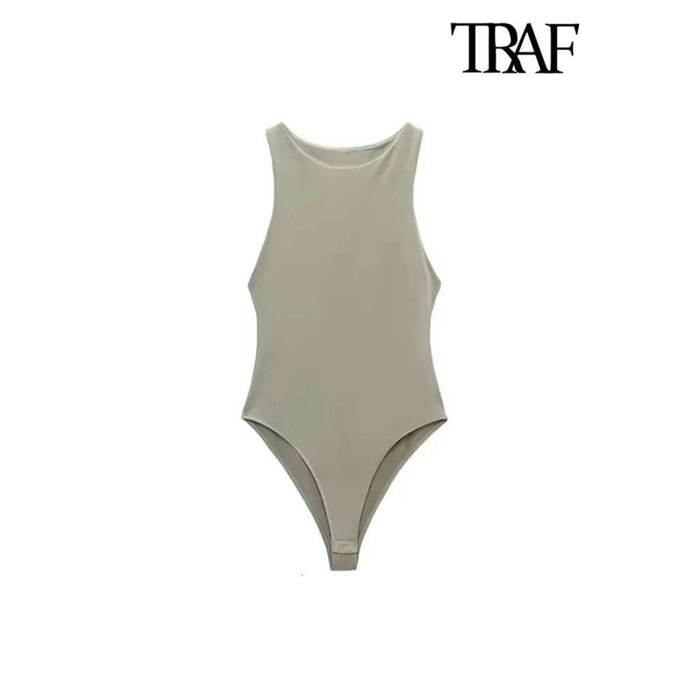 Women's Wear TRAF Women Fashion With Halter Neck Skinny Bodysuit Sexy Sleeveless Snap-Button Female Playsuits Mujer