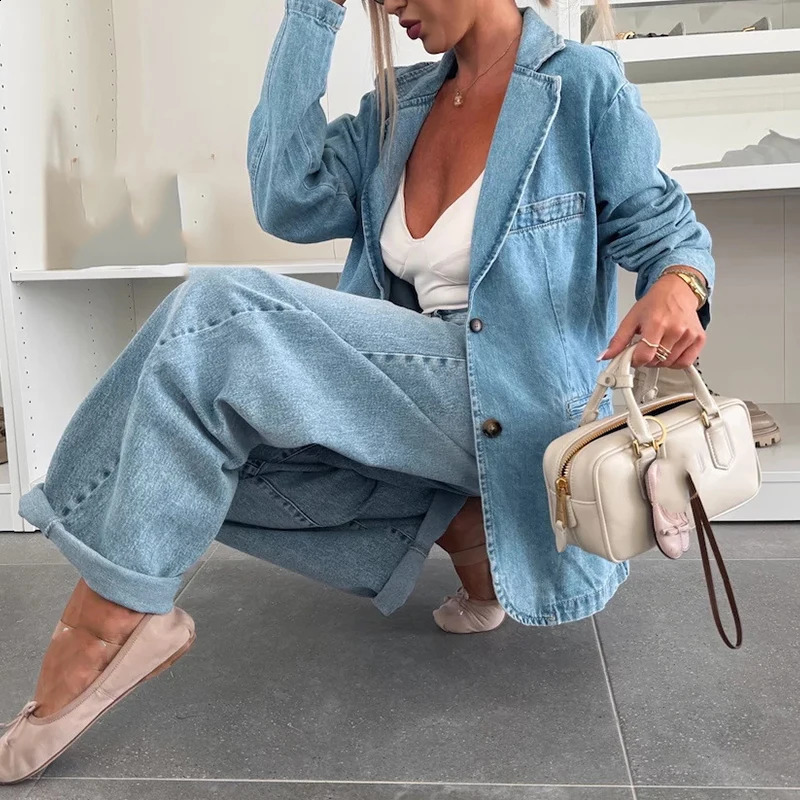 Ladies Fashion Single Breasted Loose Outerwear Spring Women Lapel Blazer Jacket Casual Long Sleeved Pocket Denim Coat 250228