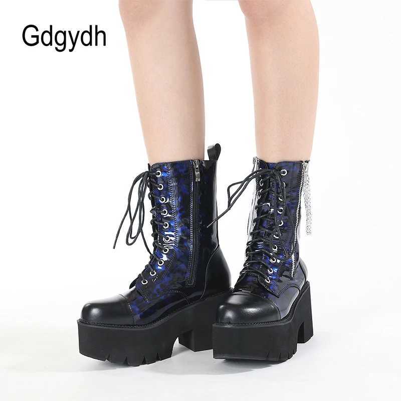 Gdgydh Blue Chunky Platform Boots Women Mid Calf Combat Boots Chains Metal Decoration Gothic Rave Shoes Cosplay Accessories Goth Z250303
