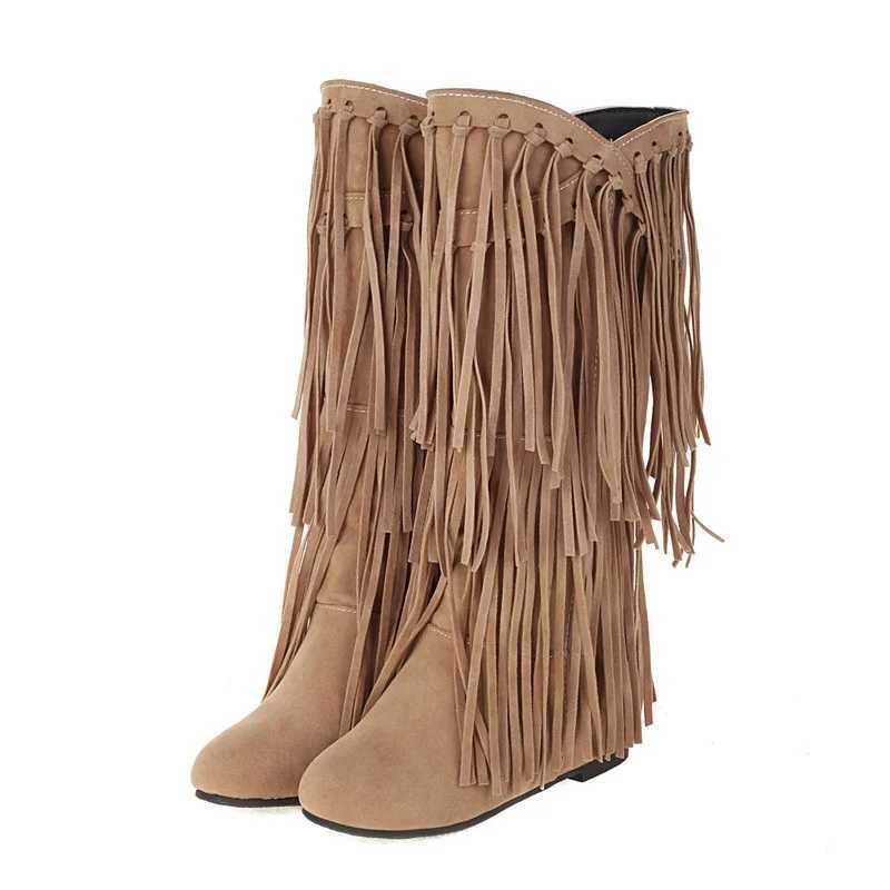 Autumn and Winter Womens Boots Fashion Tassel Suede Womens High Boots Luxury Casual 3cm Low Boots Fashion Long Party Shoes Womens Z250303