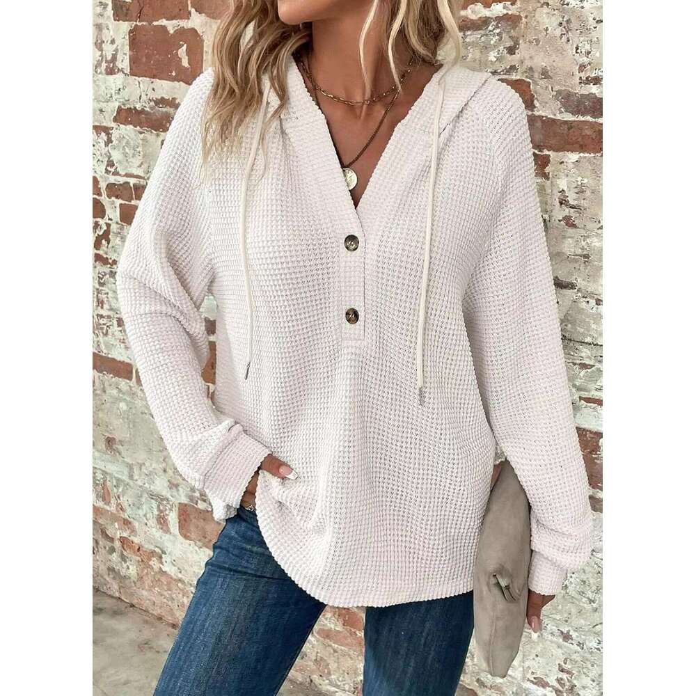 Women's Waffle Grid Knitting Hoodie V-Neck Long Sleeves Pullover Casual Sweatshirt