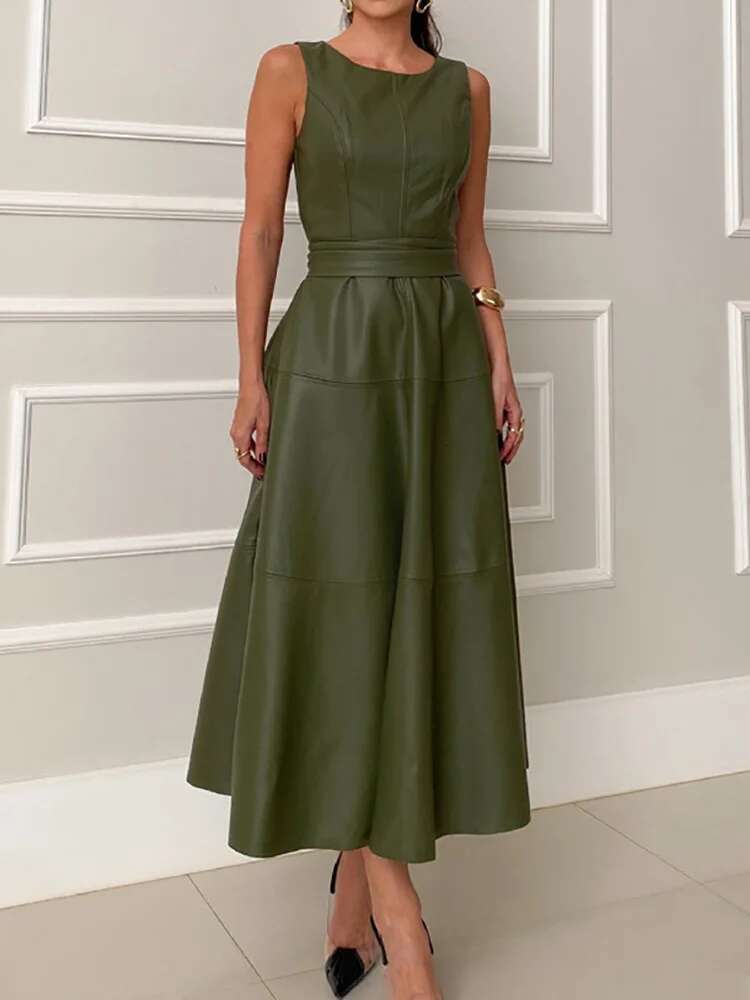 Solid Patchwork Leather Simple Party Women Spring Summer Lace-Up O Neck Maxi Dress, 2024 Sleeveless Elegant Ladies Dress