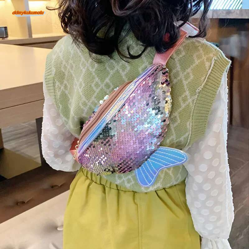Fashion Kids Sequin Fanny for Girl 2022 Summer Coin Purse Small Belt Bag Shiny Mermaid Waist Pack Children Beach Bags #ddmykukumalu