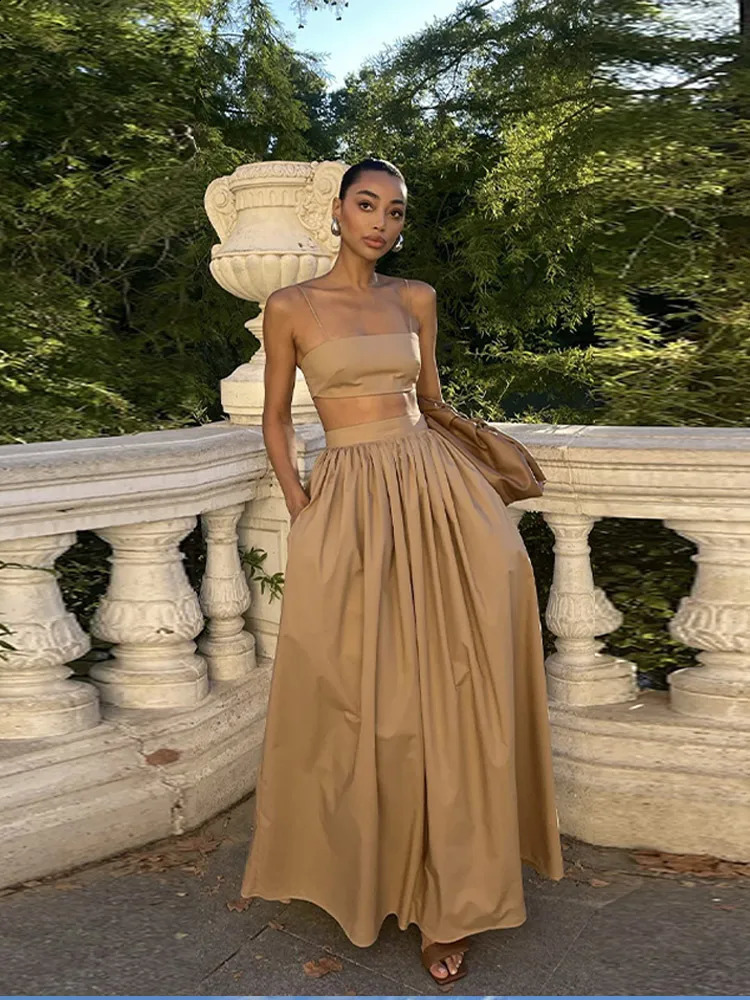 Elegant Women Vest Skirt Sets Sexy Sleeveless Crop Top High Waist A-line Long Skirts Female Suit 2025 Spring Summer Lady Outfits 250228