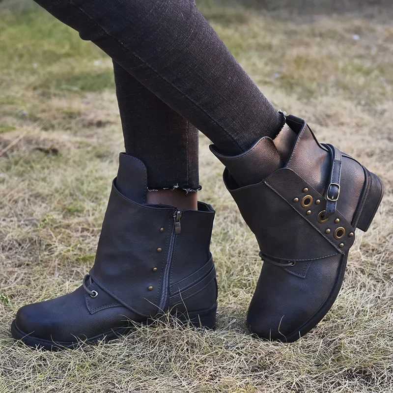Womens Ankle Boots Women Female Autumn and Winter Low Heels Ladies PU Leather Shoes Vintage Zip Boots Drop Shipping 2024 Z250303