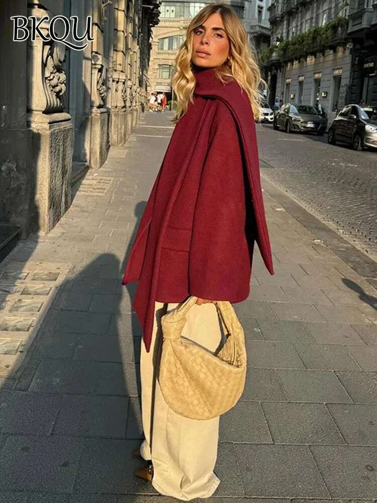 Elegant Single Breasted Woolen Coat Women Scarf Collar Wine Red Long Sleeve Jacket Chic Lady High Street Loose Warm Outwear