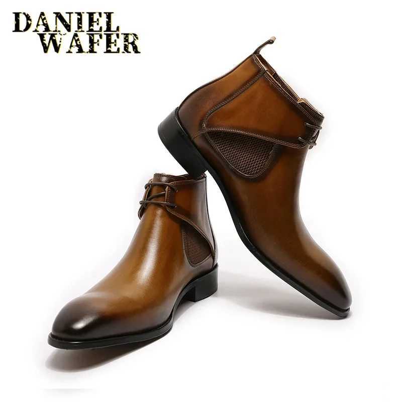 Luxury brand mens Chelsea boots black and brown angular toes handmade genuine leather lace wedding office mens business boots Z250303