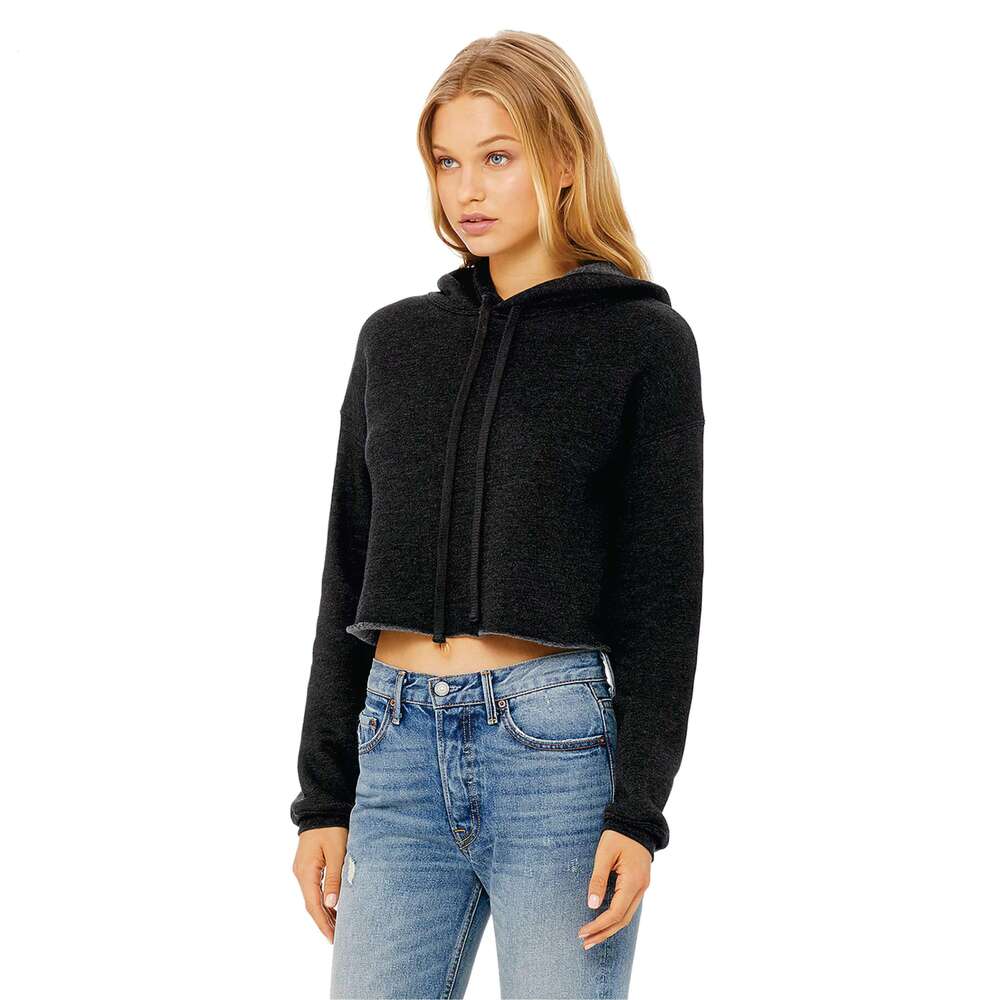 Dark Grey Women's Cropped Fleece Hoodie 52% Airlume Combed Ring Spun Cotton 48% Poly Raw Hem Dropped Shoulder Womens Sweatshirt