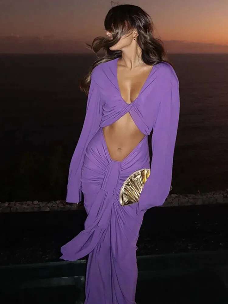 Purple Hollow Out Slim Maxi Dress Women Elegant Deep V Neck Cross Pleated Full Sleeve Long Dresses 2024 Fashion Lady Party Robes