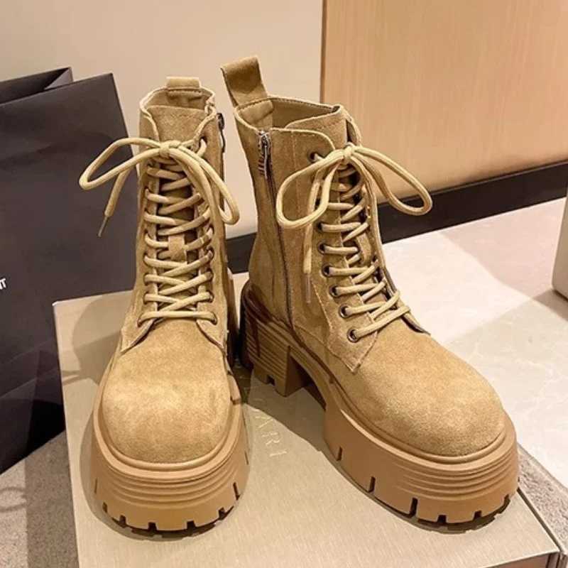 Laces Ankle Boots Women Fashion Leather Suede Platform Boots Side Zipper Design Short Boots British Style Ladies Snow Boot Z250303