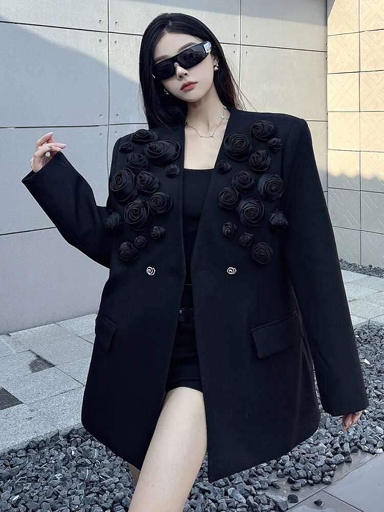 EAM Women Black Big Size 3D Roses Blazer New Lapel Long Sleeve Loose Fit Jacket Fashion Tide Spring Autumn 2025 30A3059
